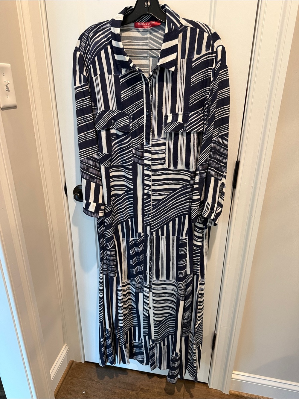 Marina Rinaldi Navy and White “sport dress” Geometric Maxi Shirt Dress (16)